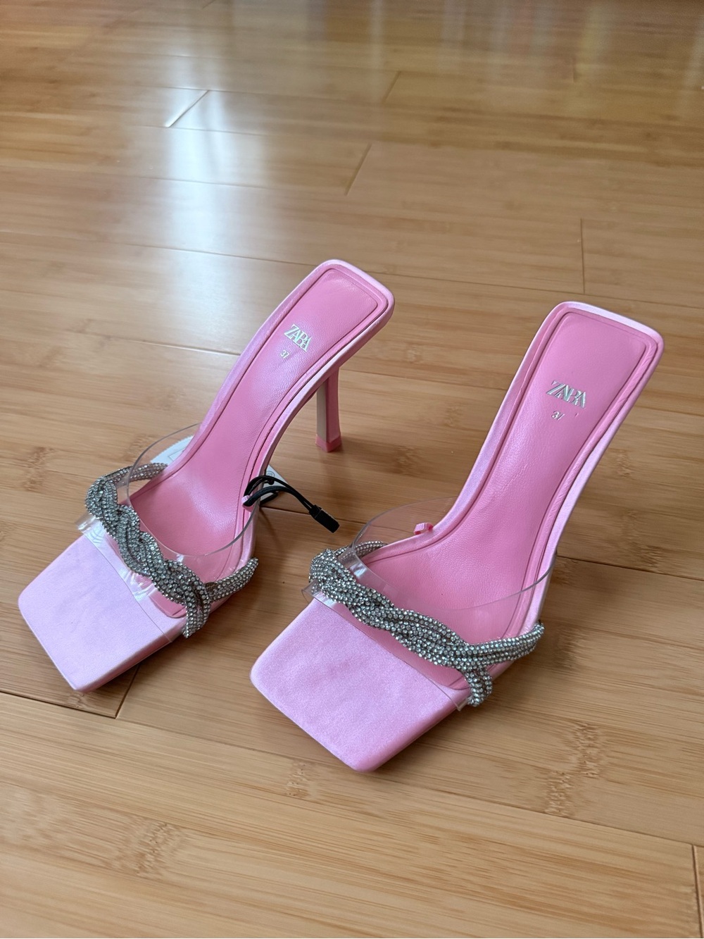 NEW! ZARA - Pink Satin Crystal-Trim Square-Toe Stiletto Mules